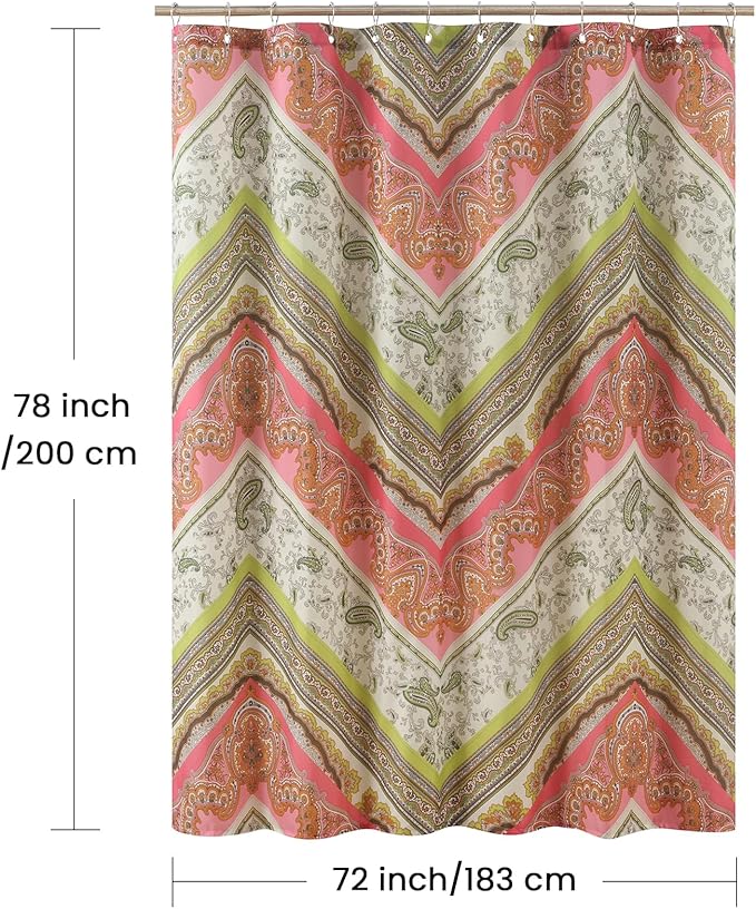 Long Fabric Shower Curtain, Pink and Green Printed Boho Paisley Pattern Shower Curtains for Bathroom, Waterproof Bathroom Curtains, 72" W x 78" H