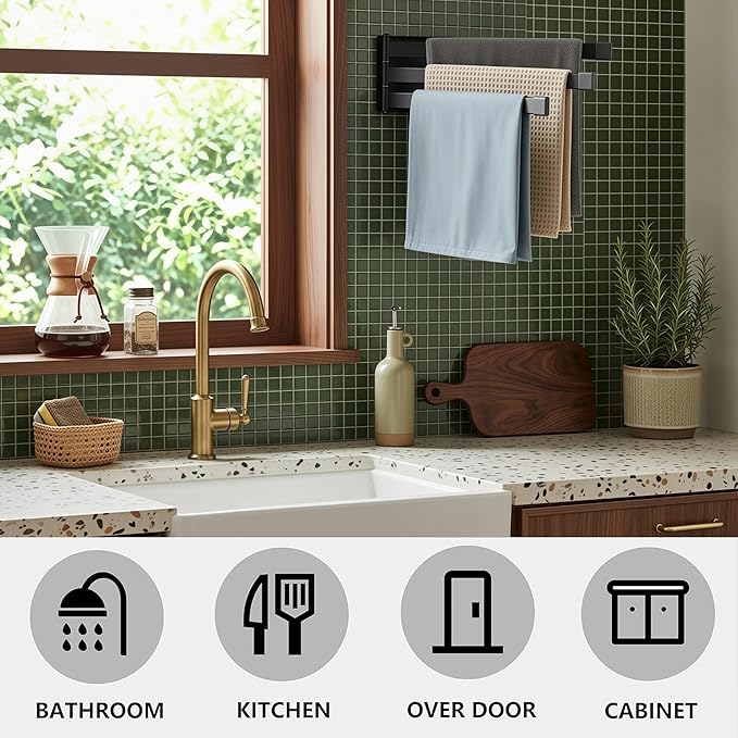 Swing Towel Holder Rack Matte Black, Wall Mounted Towel Bar Swivel with 3-Arm for Bathroom Kitchen Storage