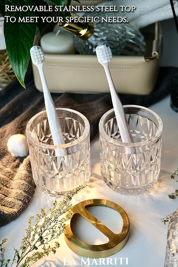 LaMarriti Clear Bathroom Accessories Set, 5pcs Crystal Glass Bathroom Set Accessories, Soap Dispenser, Toothbrush Holder Set, Soap Dish, Tumbler, Qtips Holder for Vintage Bathroom Decor, Gift Set