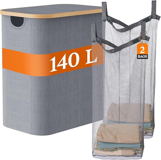 140L Foldable Laundry Baskest with Lid, 2 Section Extra-large Laundry Hamper with Removable Bags and Bamboo Handles for Bathroom, Bedroom & Laundry Room, Grey