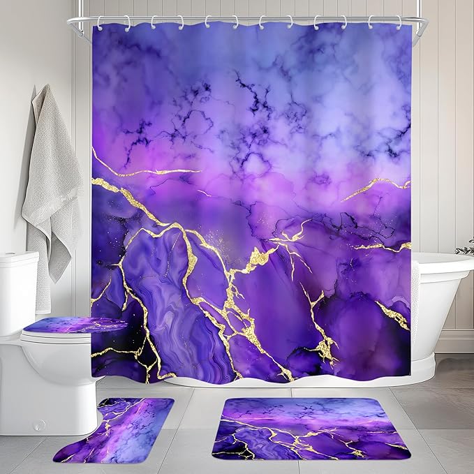 Cinbloo 4Pcs Dark Purple Marble Shower Curtain Set, Abstract Lilac Gold Cracked Lines Modern Simple Bathroom Curtain with Rug, Toilet Lid Cover, Bath Mat, Luxury Aesthetic Shower Curtain with 12 Hooks