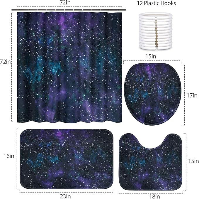 Britimes 4 Piece Shower Curtain Sets, with 12 Hooks, Space Galaxy Star with Non-Slip Rugs, Toilet Lid Cover and Bath Mat for Bathroom Decor Set, 72" x 72"
