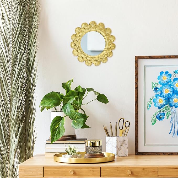 Eorbow 6.5" Vintage Vanity Makeup Desk Mirror, Small Gold Round Mirror for Table, Antique Scallop Edged Wall Mirror Decorative for Living Room Bedroom Dressing Tabletop
