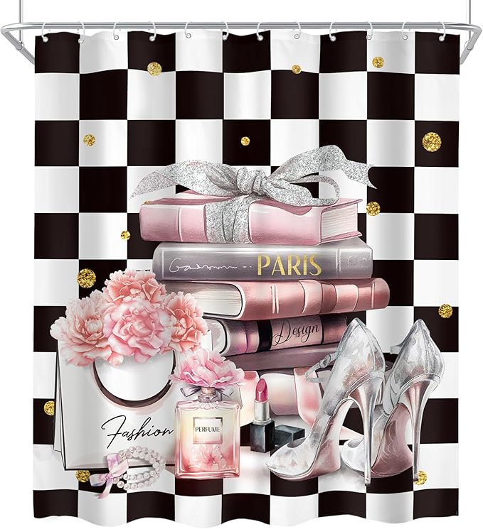 Cinbloo 4Pcs Black White Checkered Shower Curtain Set, Pink Fashion Flower Perfume High Heels Books Bathroom Curtain with Rug, Toilet Lid Cover, Bath Mat, Women Girl Shower Curtain with 12 Hooks