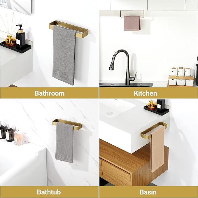 SAYAYO Brushed Gold Hand Towel Holder for Bathroom Wall, 10 Inch Self Adhesive Towel Bar Hand Towel Rack Square Heavy Duty