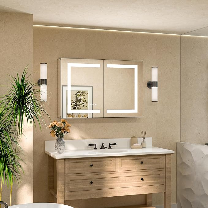TETOTE LED Lighted Bathroom Medicine Cabinet Mirror with Lights 36 x 24 Recessed or Wall Mounted Cabinet with 2 Door, Tempered Glass, Outlets & USB, 3-Color Stepless Dimming, Defog, Adjustable Shelf