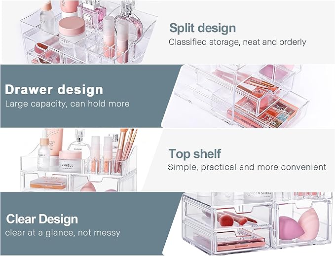 GORET Vanity Makeup Organizer, Acrylic Cosmetic Storage with Large Capacity 3 Drawers for Bathroom Countertop Perfume Lipstick Brushes Skincare Eyeshadow