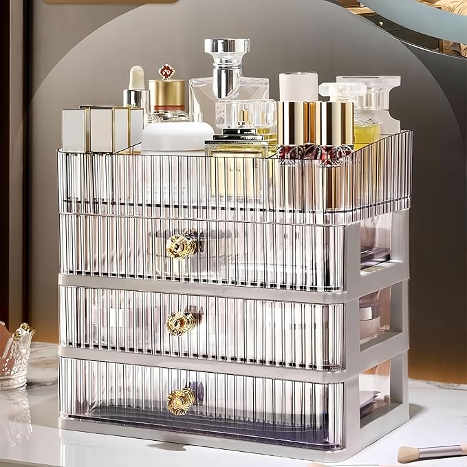 Simbuy Clear Makeup Organizer with 3 Drawers, Bathroom Organizer and Storage, Ideal for Desk and Dresser Vanity Countertop, Great for Cosmetics, Skincare, Perfume,Toiletry