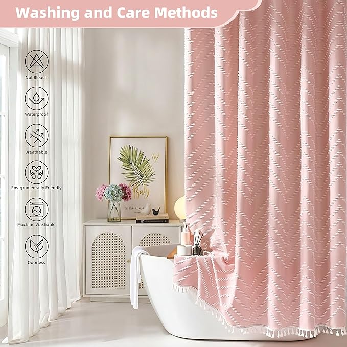 Small Stall Boho Pink Shower Curtain Woven Fabric 36 x 72 Half Size Tufted Chevron Striped Textured Modern Farmhouse Minimalist Shower Curtain for Bathroom