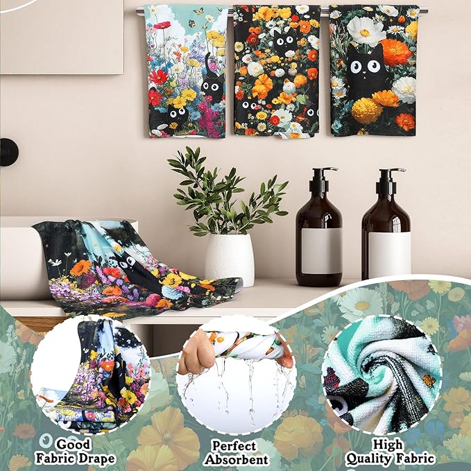 Tatuo 8 Pcs Spring Wildflower Shower Curtain Sets for Bathroom Retro Floral Bathroom Accessories Cute Black Cat Lover Gifts Shower Curtain Sets with Towels Carpet Bath Mat Toilet Rugs and 12 Hooks