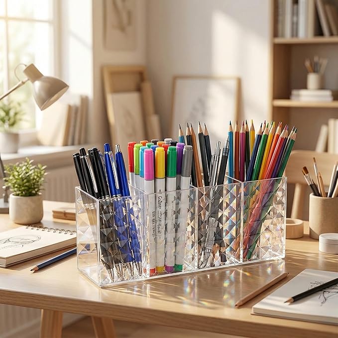 4 Compartment Makeup Brush Holder, Clear Cosmetic Organizer for Vanity, Multi-Function Pen Holder Makeup Storage Cup