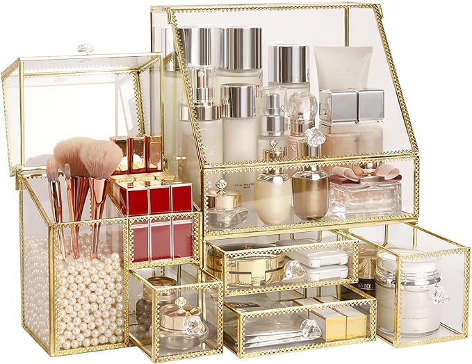 Large Glass Makeup Organizer Drawer Set Beauty Storage Bathroom Counter Organizer Cosmetic Display with Pearl (16in)
