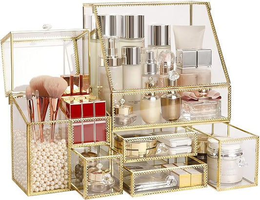 Large Glass Makeup Organizer Drawer Set Beauty Storage Bathroom Counter Organizer Cosmetic Display with Pearl (16in)