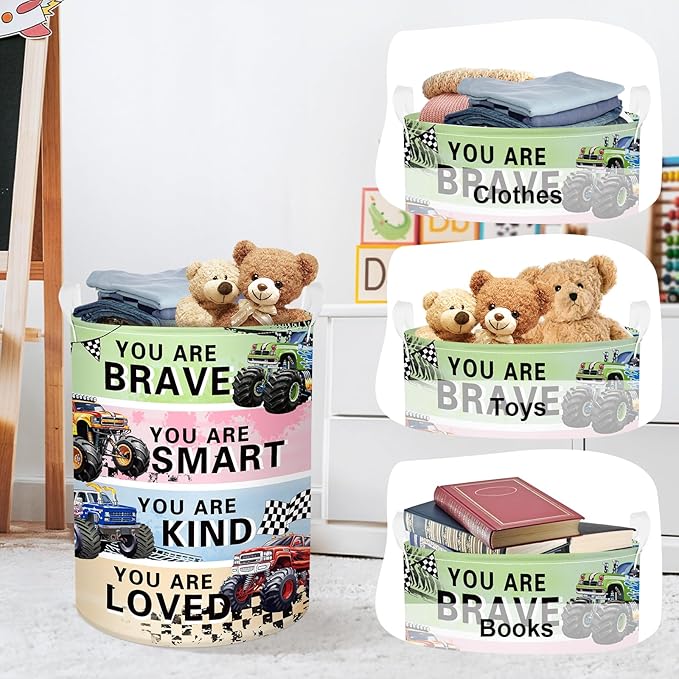 Cars Laundry Hamper Cartoon Vehicle Large Storage Basket Collapsible Parents Organizer Boy Toy Clothes Bins for Bedroom, Bathroom, Monster Truck, 63L