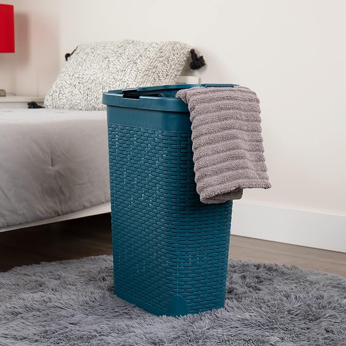 Mind Reader Slim Laundry Hamper with Lid, 40L Clothes Basket, Narrow Tapered Design with Ventilated Cutout Pattern, Plastic, Set of 2, Blue
