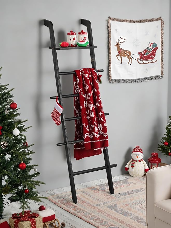 Taozun Black Blanket Ladder with Shelf for Living Room, 67-Inch Wooden 5-Tier Farmhouse Towels and Quilt Rack Decor - Wall Leaning Display Holder for Blankets and Throws