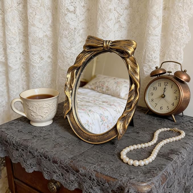 Vintage Round Vanity Desk Mirror - 8x6Inch Elliptical Tabletop Decorative Ornate Gold Accent Retro Makeup Mirror for Bedroom Dresser Living Room Bathroom Dorm Champagne Gold