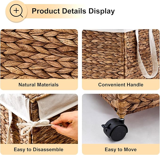 Rolling Laundry Hamper with Lid, Natural Water Hyacinth Basket with Removable Liner, Wheel or Non-Slip Installation Laundry Basket for Home Use (Espresso, 100L)