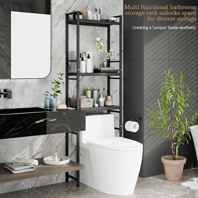 Over Toilet Shelf with Adjustable 3-Tier Shelves & Anti-Slip Base, Freestanding Bathroom Storage Rack, Heavy-Duty Carbon Steel Organizer, Space Saving for Bathroom Laundry, 52x22x162cm Black