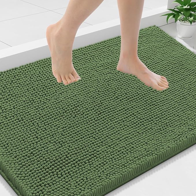 Smiry Luxury Chenille Bathroom Rugs 36x24, Extra Soft and Absorbent Shaggy Bath Mat, Machine Washable, Non-Slip Plush Carpet Runner for Tub, Shower, and Floor, Home Decor Accessories, Olive Green