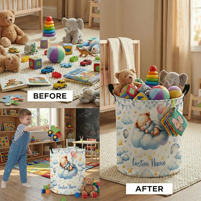 Personalized Bear Laundry Baskets,Custom Bear Gifts for Kids Boys Girls Adults Room,Collapsible Clothes Storage Organizer,16.5 X 13.8in