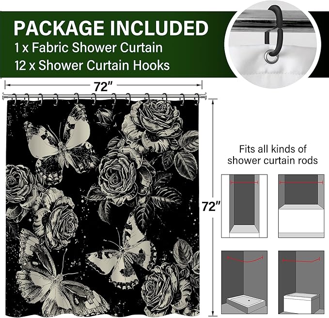 Dark Gothic Butterfly and Flower Shower Curtains for Bathroom,Black Witchy Floral Shower Curtain,Funny Waterproof Polyester Butterfly and Flower Bathroom Decor,72 X 72 Inch
