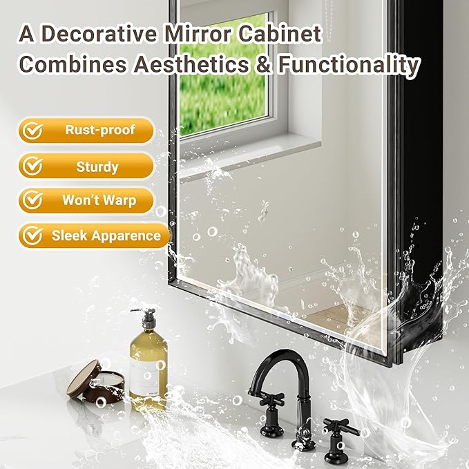 30x26 Pre-Assembled Black Medicine Cabinet with Mirror, Surface or Recessed Medicine Cabinet Mirror for Bathroom, Aluminum Beveled Frame Bathroom Vanity Mirror with Adjustable Shelves Storage