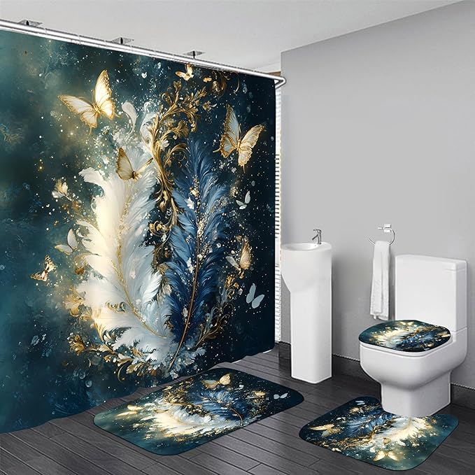 AZHM Luxury Dark Blue Gold Feather and Butterfly Shower Curtain Set 4 PCS Glittery Art Bathroom Decor Set with Non-Slip Rugs, Toilet Lid Cover & Bath Mat