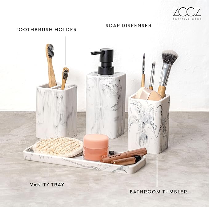 ZCCZ Bathroom Accessory Sets, 4 Pieces Bathroom Accessories Complete Set Vanity Countertop Accessory Set with Marble Look, Includes Lotion Dispenser, Toothbrush Holder and Tray (White Marble Look)