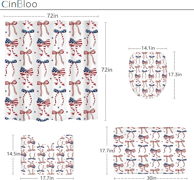 Cinbloo 4Pcs Independence Day 4th of July Shower Curtain Set, Red Blue Bow Coquette Patriotic USA American Flag Bathroom Curtain with Rug, Toilet Lid Cover, Bath Mat, Cute Shower Curtain with 12 Hooks
