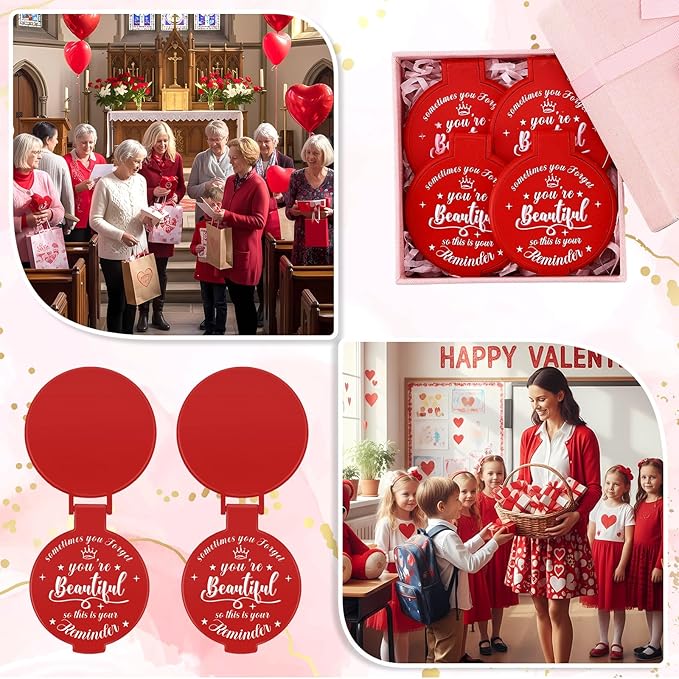 100 Pcs 2.76 Inch Inspirational Compact Mirror Bulk Women Small Gifts Graduation Party Favors Purse Mirror Pocket Mini Stuffer Items for Adult Coworker Cheerleader Employee (Red)