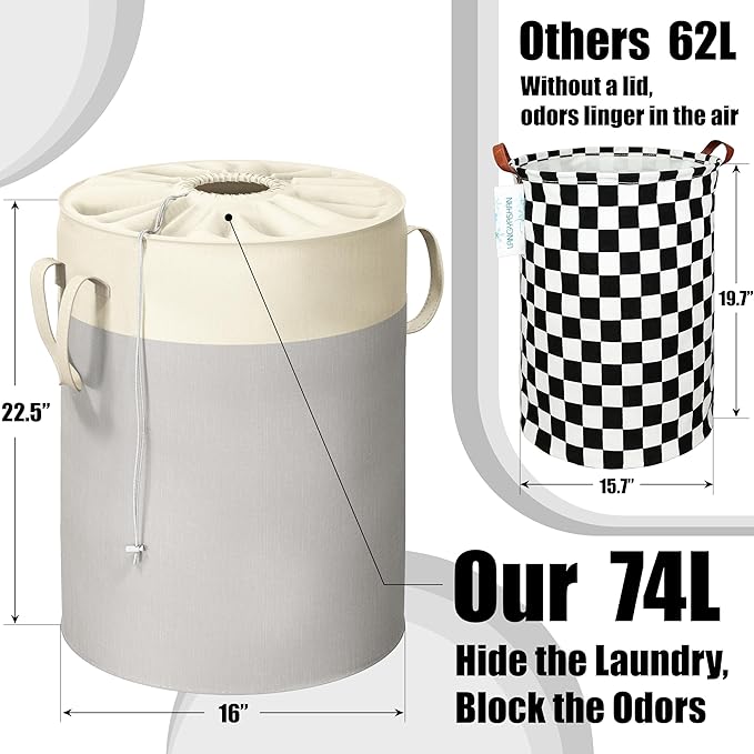 Simple Houseware 74L Collapsible Laundry Hamper, Round Cotton Basket with Drawstring Closure and Handles, 2 Pack, Gray