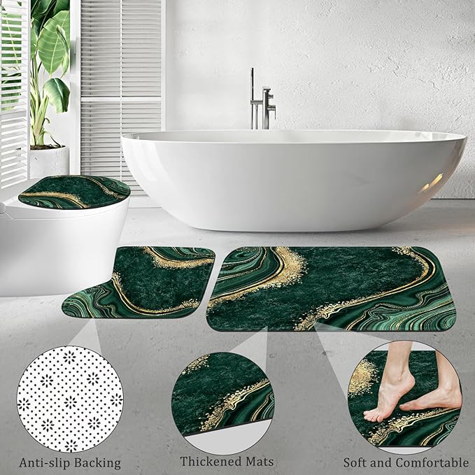 4PCS Emerald Green Gold Marble Shower Curtain Sets with Rugs, Abstract Bathroom Sets with Shower Curtain and Rugs, Bathroom Curtains Shower Set with Toilet Lid Cover for Bathroom Decor