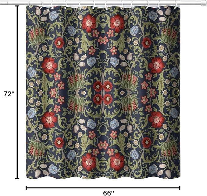Boho Watercolor Floral Shower Curtain William Morris Design Heavy Duty Fabric Shower Curtain Set Bathroom Polyester Waterproof Shower Curtain 66x72 Inches(168x183cm), Style