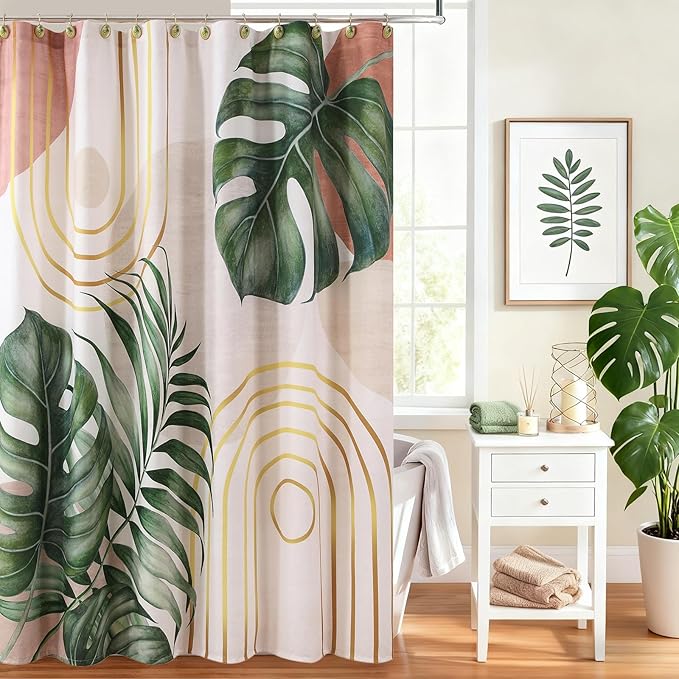 Green Tropical Leaf Shower Curtain, Sage Beige Gold Abstract Boho Mid Century Modern Shower Curtain, Waterproof Decorative Watercolor Monstera Palm Tree Plant Botanical Bathroom Curtains, 72"W x 72"H
