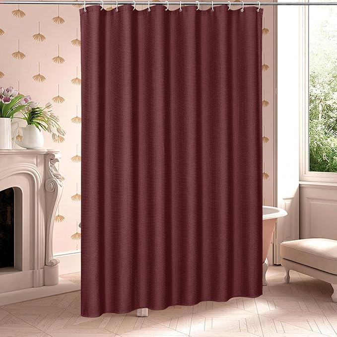 MitoVilla Extra Long Shower Curtain 72 x 84, Burgundy 84 inch XL Waffle Fabric Shower Curtains for Modern Luxury Bathroom Decor, Wine Red Waffle Weave Textured Shower Curtain 84 inch