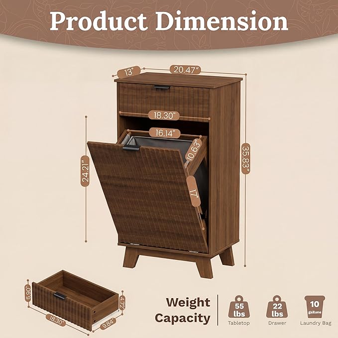 Double Tilt Out Laundry Hamper Cabinet, 20 Gallon Wooden Trash Can Cabinet with Storage Drawers, Hidden Fluted Garbage Can Holder for Kitchen, Living Room (Walnut Wood, 20.47"W x 35.83"H x 13"D)