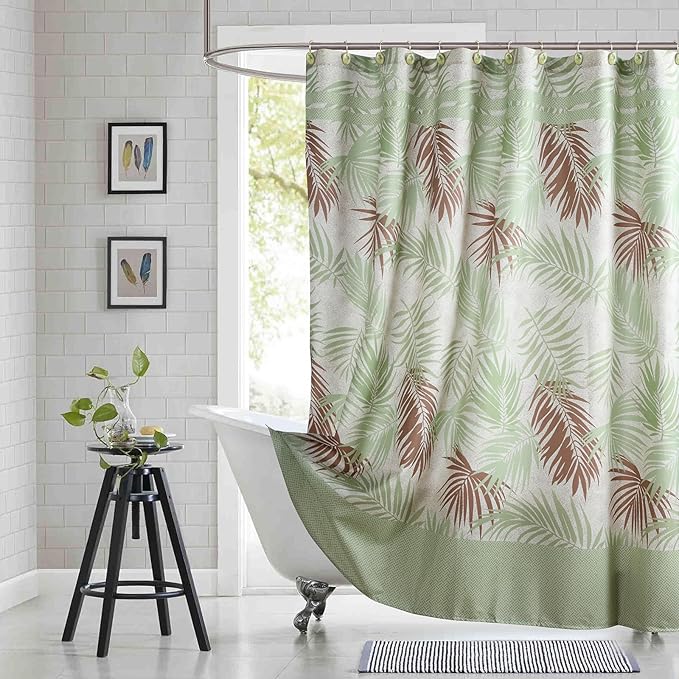 Fabric Shower Curtain, Sage Green and Brown Tropical Plant Leaf Print Shower Curtains for Bathroom, Waterproof Bathroom Curtains, 72" W x 72" H