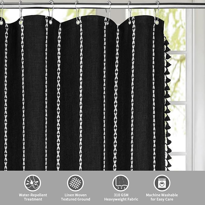 MitoVilla Boho Extra Long Shower Curtain 72 x 96, Black Modern Farmhouse 96 inch XL Polyester Linen Texture Tassel Fabric Shower Curtain Set with Hooks for Cottagecore Country Bathroom Decor,Black