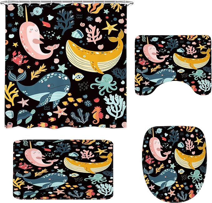 LGhtyro 4PCS Kids Whale Black 71Wx71H Inches Ocean Cartoon Fish Underwater Sealife Shower Curtain Sets with Rugs,Toilet Lid Cover and Bath Mat,Cute Bath Accessories Art Home Decor Fabric 12 Pack Hooks