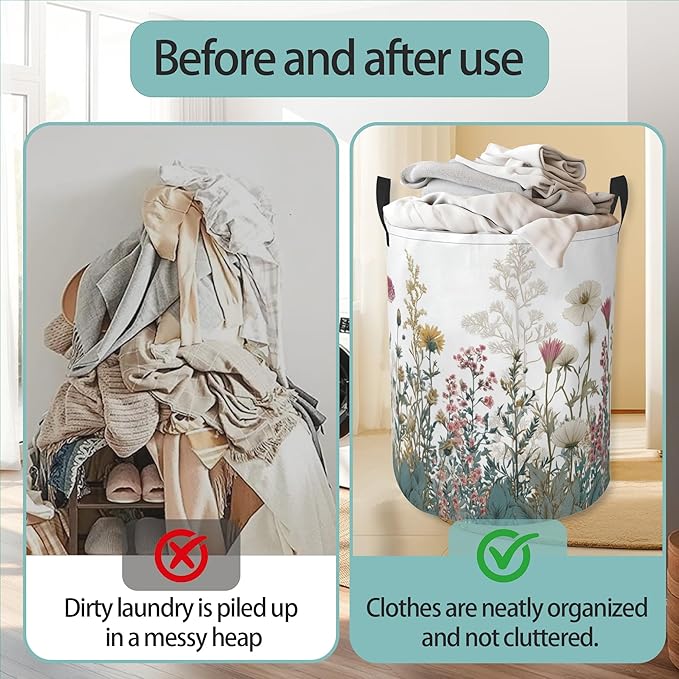 Laundry Basket With Handle, Dirty Clothes Laundry Hamper, Oxford Cloth Bin Storage Organizer for Toy Collection (Wildflower Spring Summer)