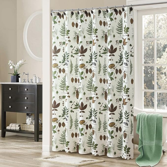 Green Brown Beige Pinecone Shower Curtain, Boho Pine Cones Leaf Plant Fabric Shower Curtain, Waterproof Rustic Cabin Decorative Botanical Bathroom Curtains, 72" W x 72" H