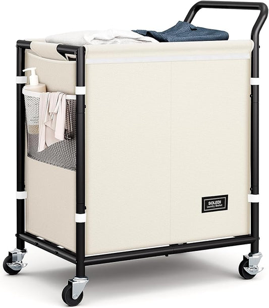 SOLEDI Laundry Basket with Wheels,38 Gallons(145L) Laundry Hamper 2 Section,Sturdy Metal Frame with Handle,Laundry Cart,Rolling Laundry Basket for Bedroom Aesthetic,Easy to Assemble,Ivory
