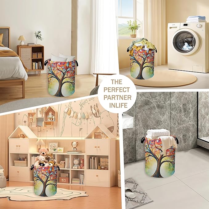 Tree of Life Laundry Basket,Colorful Leaves Clothes Hamper,Oxford Cloth Collapsible Nursery Hamper Storage Organization for Bedroom,Bathroom,Office,College Dorms,16x20 Inch