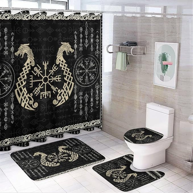 Brebasf Norse Vikings 4 Pcs Waterproof Shower Curtain Set Abstract Dragon Retro Mystical Symbol Compass with Waterproof Toilet Cover Shower Mat Rugs,72" W x 72" L