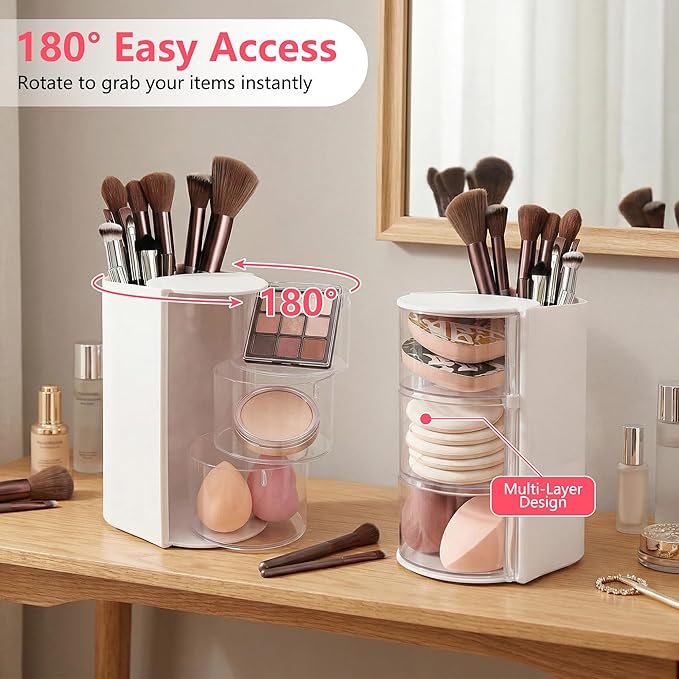 Hair Accessories Organizer with Hair Brush Holder - Rotatable Makeup Brush Organizer and Jewelry Storage Box for Necklaces, Earring, Bracelet, Makeup Brushes, Hair Clip and Hair Accessories (White)