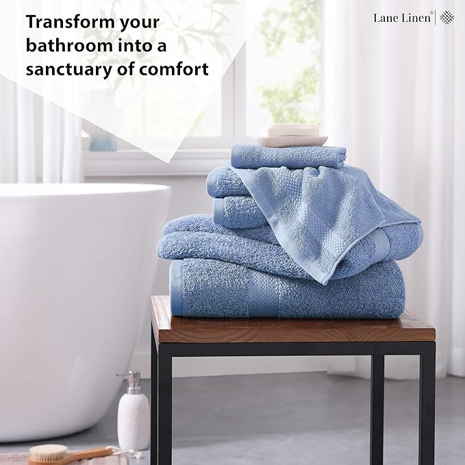 LANE LINEN 100% Cotton Premium Bathroom Towels Set - 6 Pieces - Ring Spun, Quick Dry, Super Soft & Highly Absorbent - 2 Bath, 2 Washcloths, 2 Hand Towels for Bathroom - Pre Shrunk - Cerulean Blue