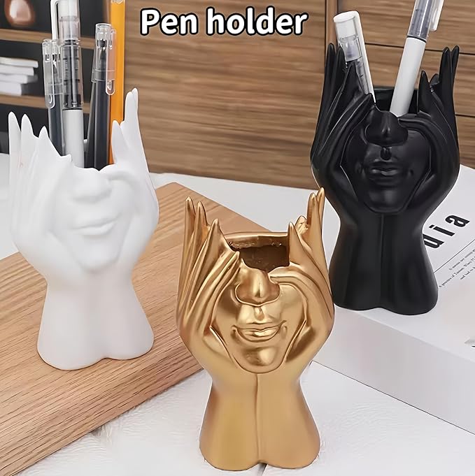 Make Up Brush Holder Organizer Face-Shaped Pen Holder Vase Organizer Abstract Art Face Hand Design Travel Cosmetic Holder | Makeup Organizer For Brushes (golden)