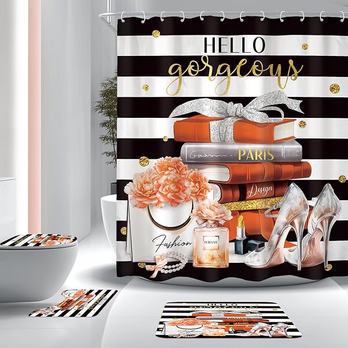 Cinbloo 4Pcs Black and Orange Shower Curtain Set, Burnt Orange Fashion Flower Perfume High Heels Books Bathroom Curtain with Rug, Toilet Lid Cover, Bath Mat, Women Girl Shower Curtain with 12 Hooks