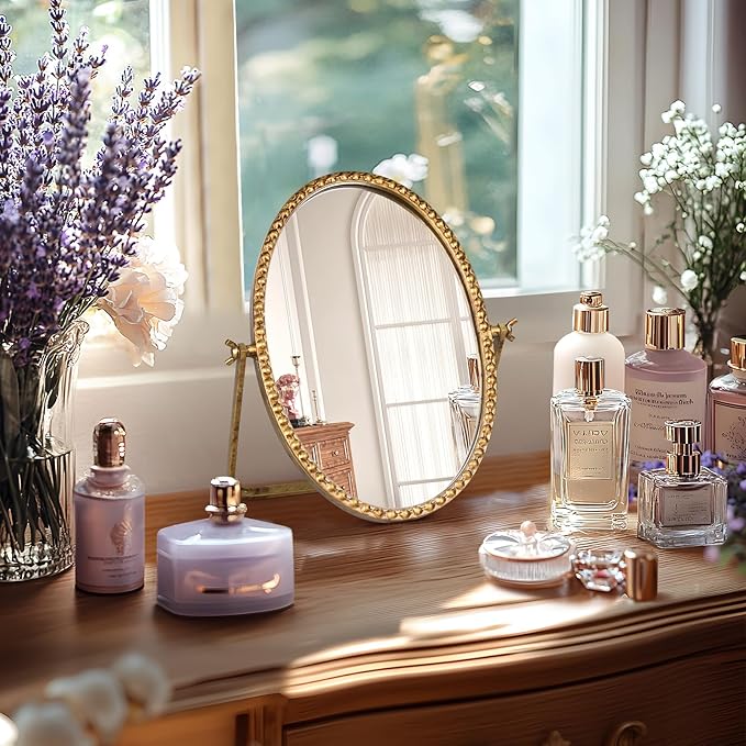 Vintage Desk Makeup Mirror, 12" L x 7.9" W Antique Gold Vanity Table Mirrors, Metal Framed Oval Small Standing Mirrors with Beaded, 360 Adjustable Rotation for Tabletop, Bedroom